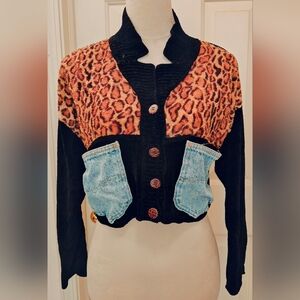 Vtg Varon Handloom Velvet Corduroy Patchwork Leopard & Denim Button Up Cardigan